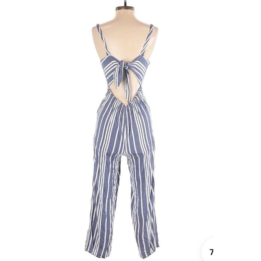 NWT Express Jumpsuit XL Striped  Tie Back Buttons Casual Square‎ Neck - Picture 2 of 7